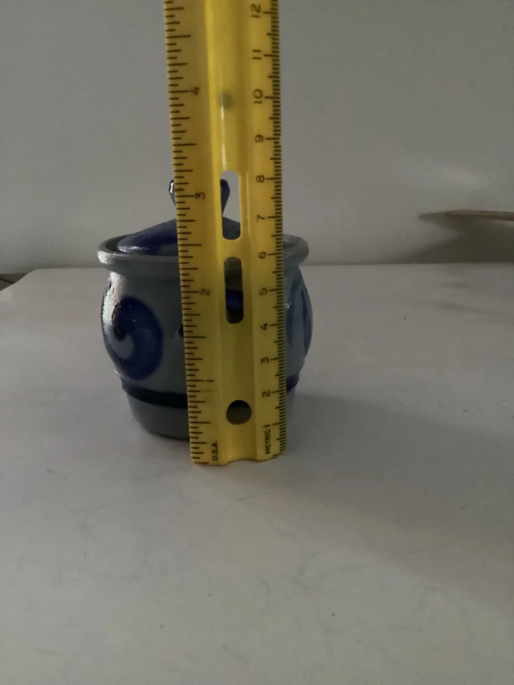 Handcrafted Salt Glazed Small Pottery Jar with Lid and Cobalt Blue Design